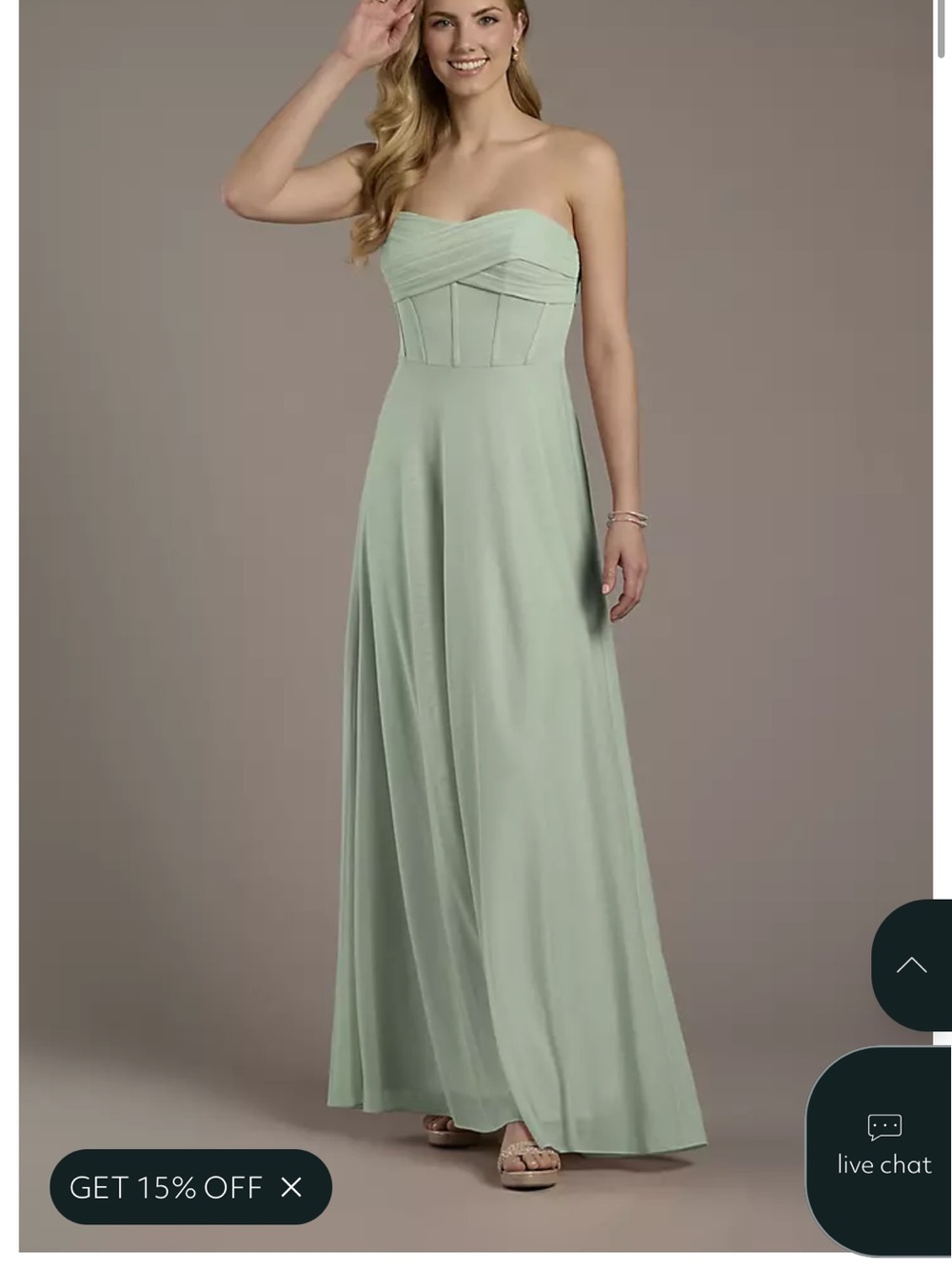 David's Bridal Strapless Sage Green Chiffon A-Line Gown